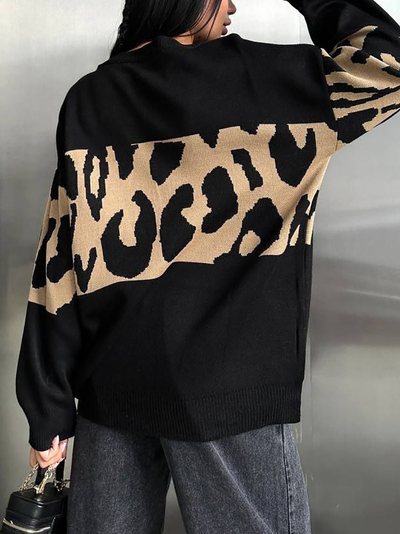 Color Block Leopard Pattern Patchwork Loose Sweater