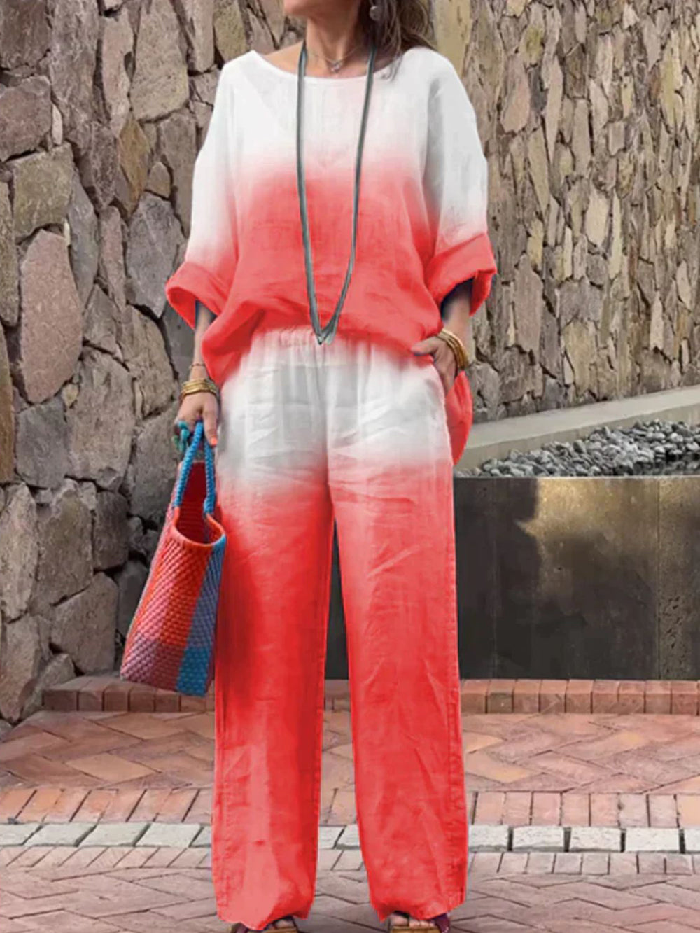 Gradient Color Loose Top Trousers Casual Set