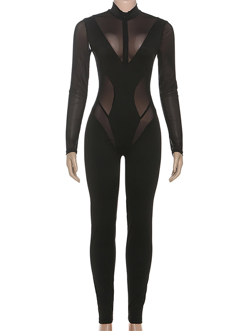 Sexy Zipper Sheer Mesh Patchwork Jumpsuits