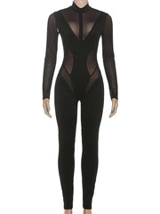 Sexy Zipper Sheer Mesh Patchwork Jumpsuits