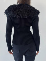 Casual Faux Fur Ribbed Knit Sweater