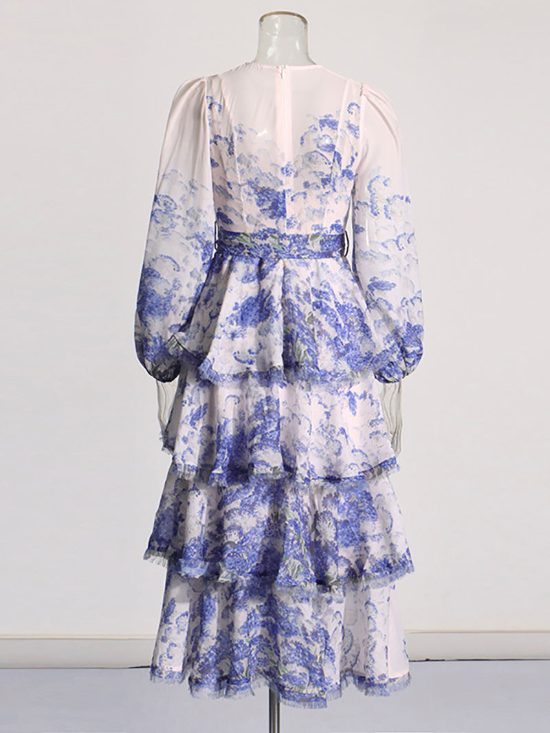 Fashion Round Collar Print Tiered Midi Dress