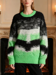 Casual Round Collar Gradient Color Striped Knit Sweater