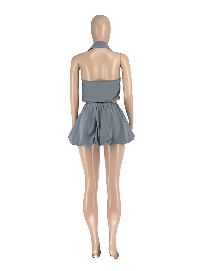 Fashion Backless Crop Tops Bubble Skirt Two Piece Set