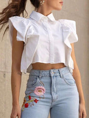 Fashion Ruffles Sleeve Slim Crop Shirt