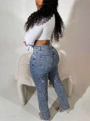 Fashion Rhinestone Embellishment Slim Ripped Jeans