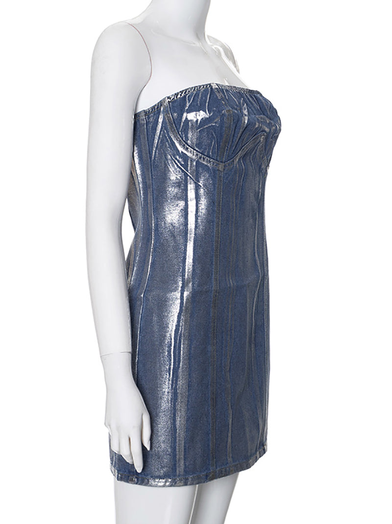 Sexy Strapless Metallic Denim Mini Dress