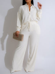 Fashion Rib Shirt Straight Pants Two Pieces Set