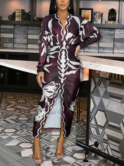 Fashion Print Deep V Neck Folds Split Dress