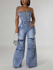 Fashion Strapless Cargo Denim Jumpsuit