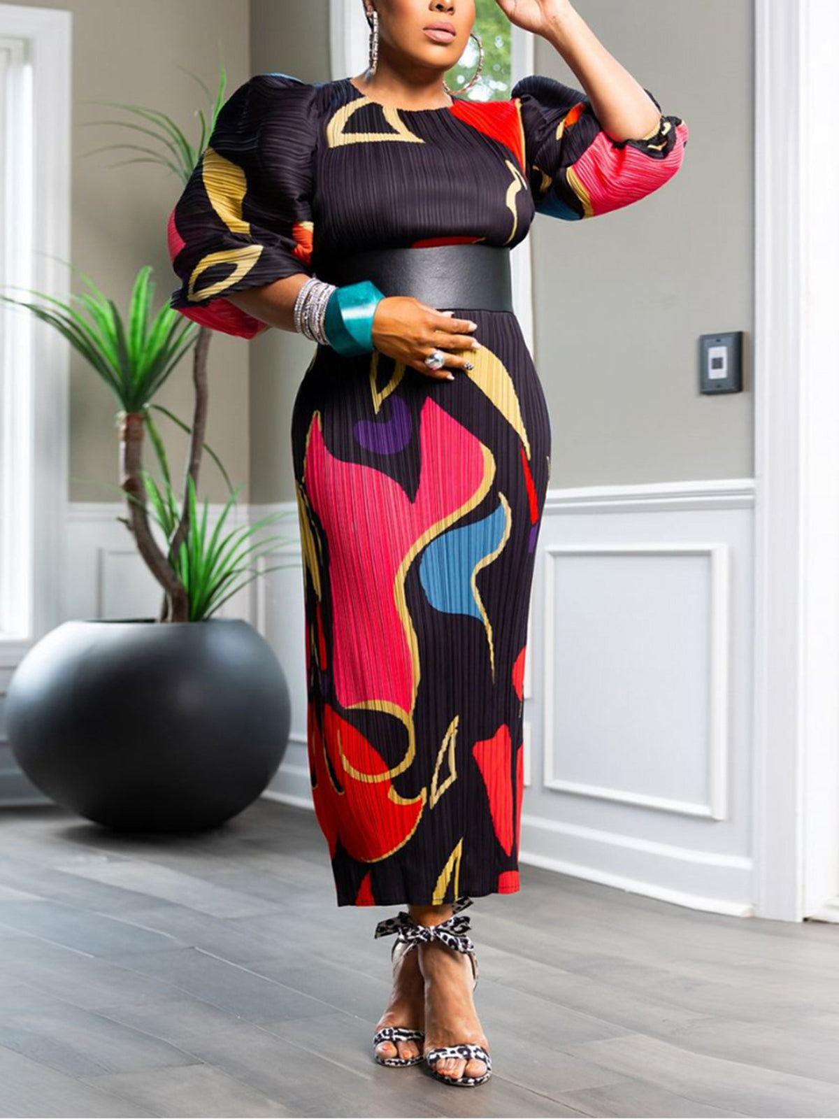Print Ruched Lantern Sleeve Maxi Dress