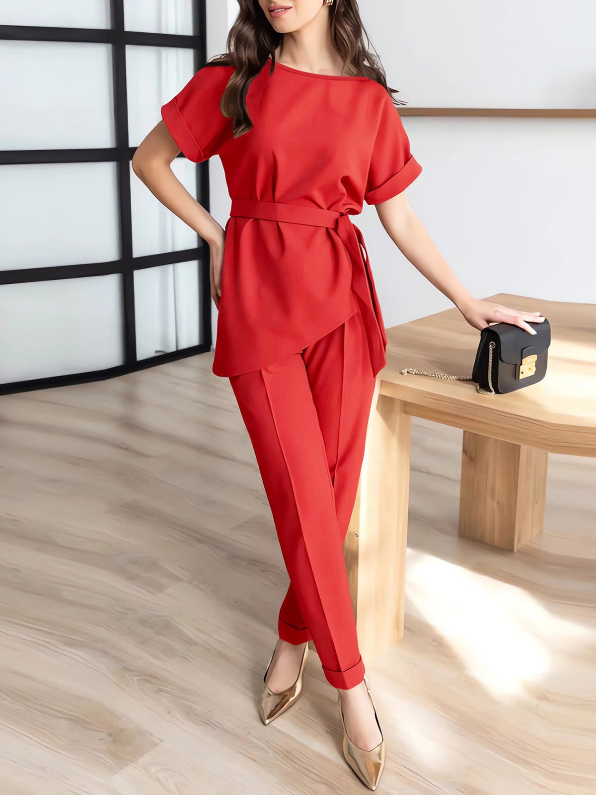 Casual Round Neck Asymmetry Tops Trousers Set