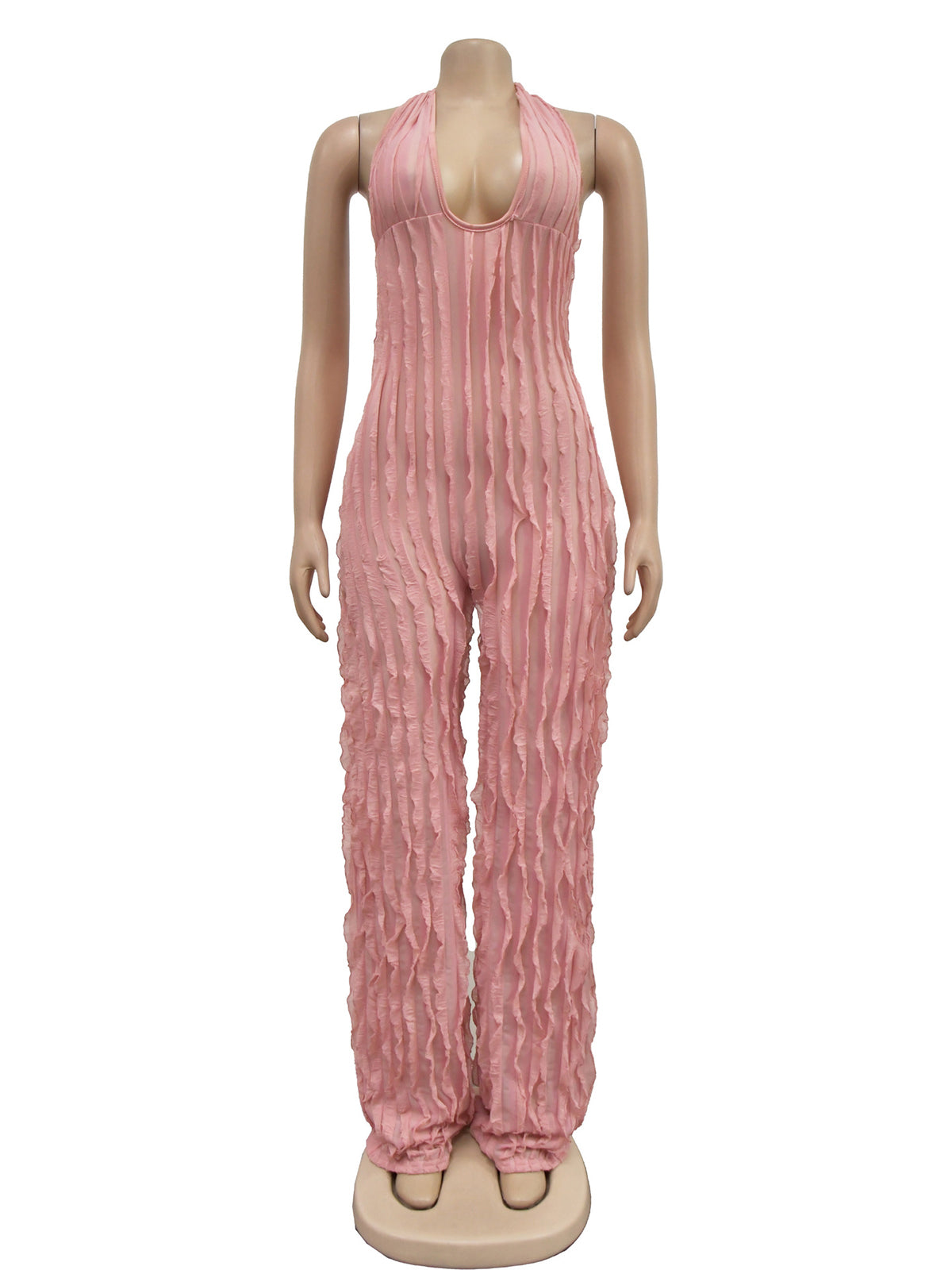 Sexy V Neck Pleat Halter See through Jumpsuit