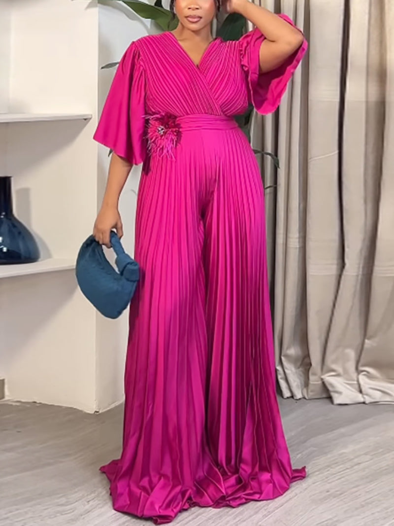 V Neck Pleat Slim Wide Leg Jumpsuit