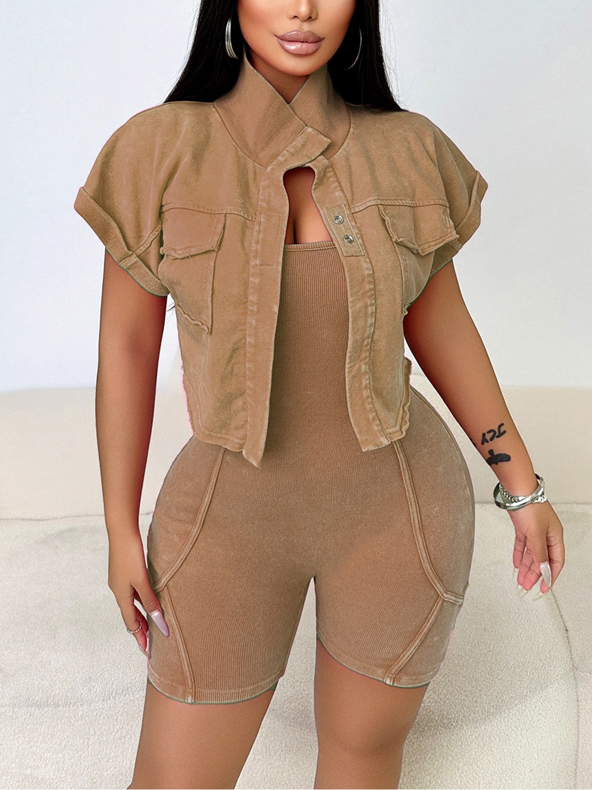 Casual Washed Cropped Jacket Ribbed Romper Set