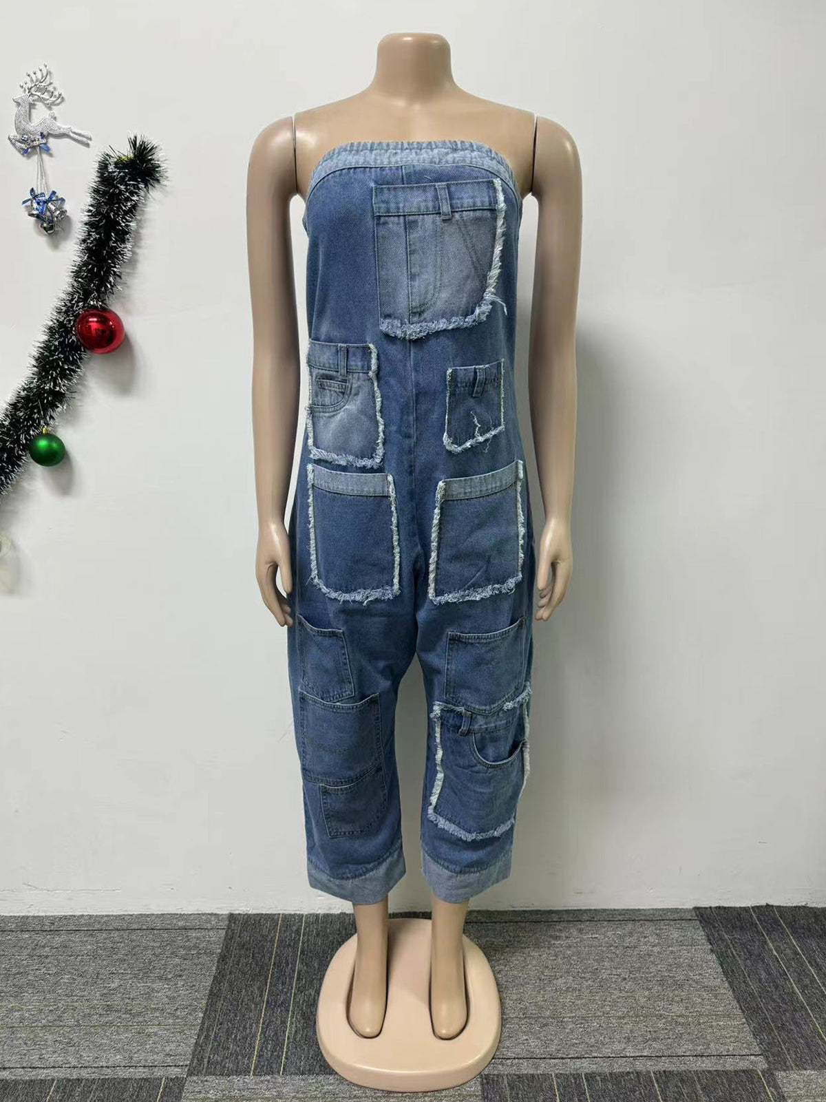 Strapless Cargo Denim Loose Jumpsuit