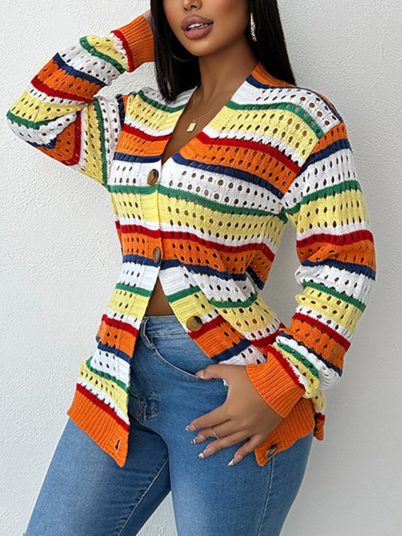 Colorblock Striped Loose V Neck Cardigan