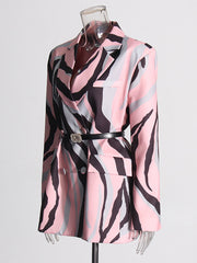 Fashion Pink Abstract Prints Belted Blazer