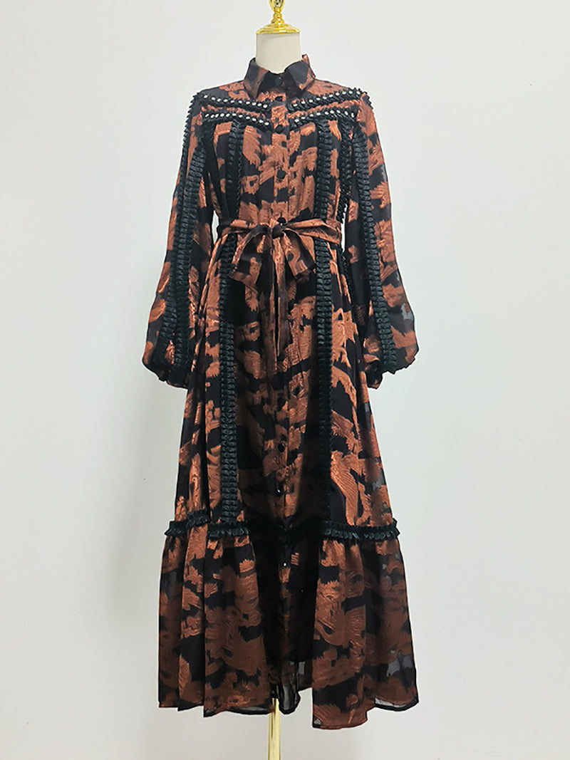 Elegant Turn-down Collar Print Lace-up Maxi Dress