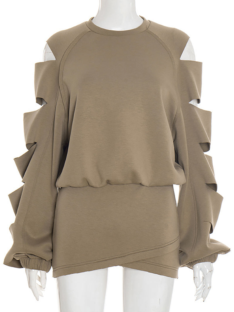 Hollow Out Long Sleeve Crewneck Mini Skirt Sets