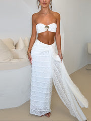 Metal Decor Strapless Crop Top Stripe Long Skirt Sets