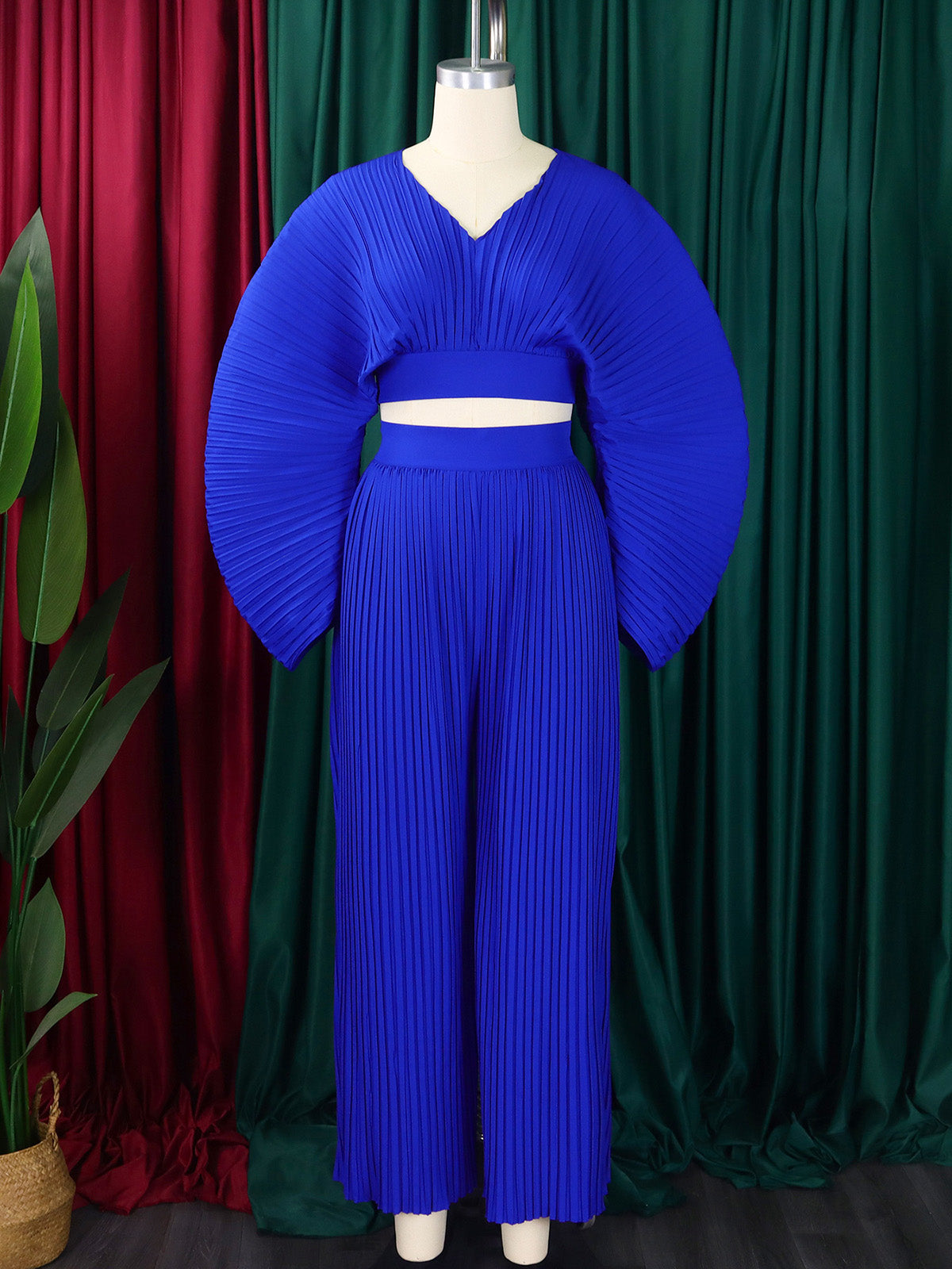 Fashion Loose Pleat Top Wide Leg Trousers Sets