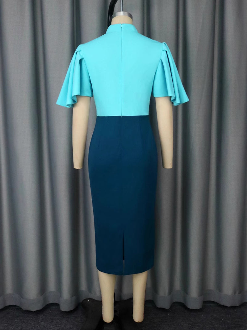 Color Block Patchwork Ruffles Sleeve Bodycon Midi Dress