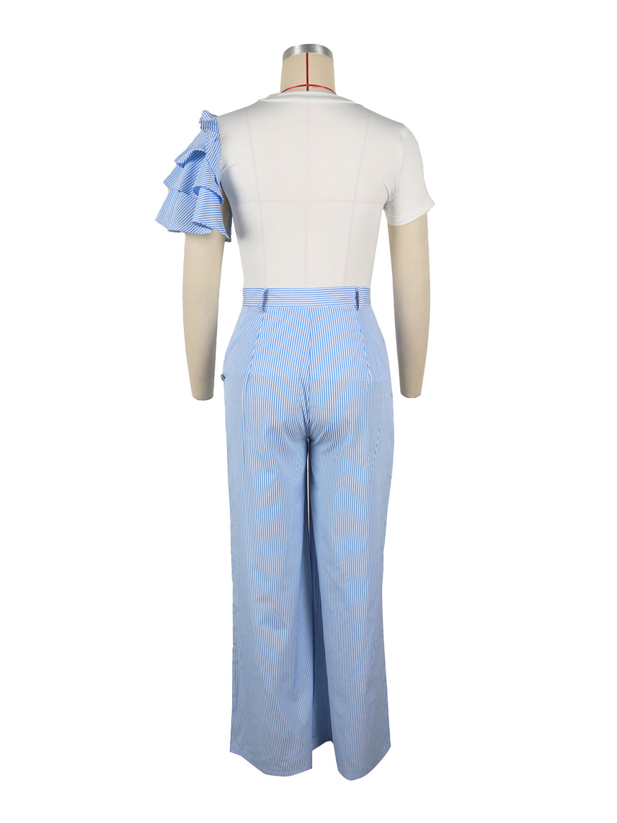 Asymmetric Rosette Top Pinstripe Wide Leg Pants Sets