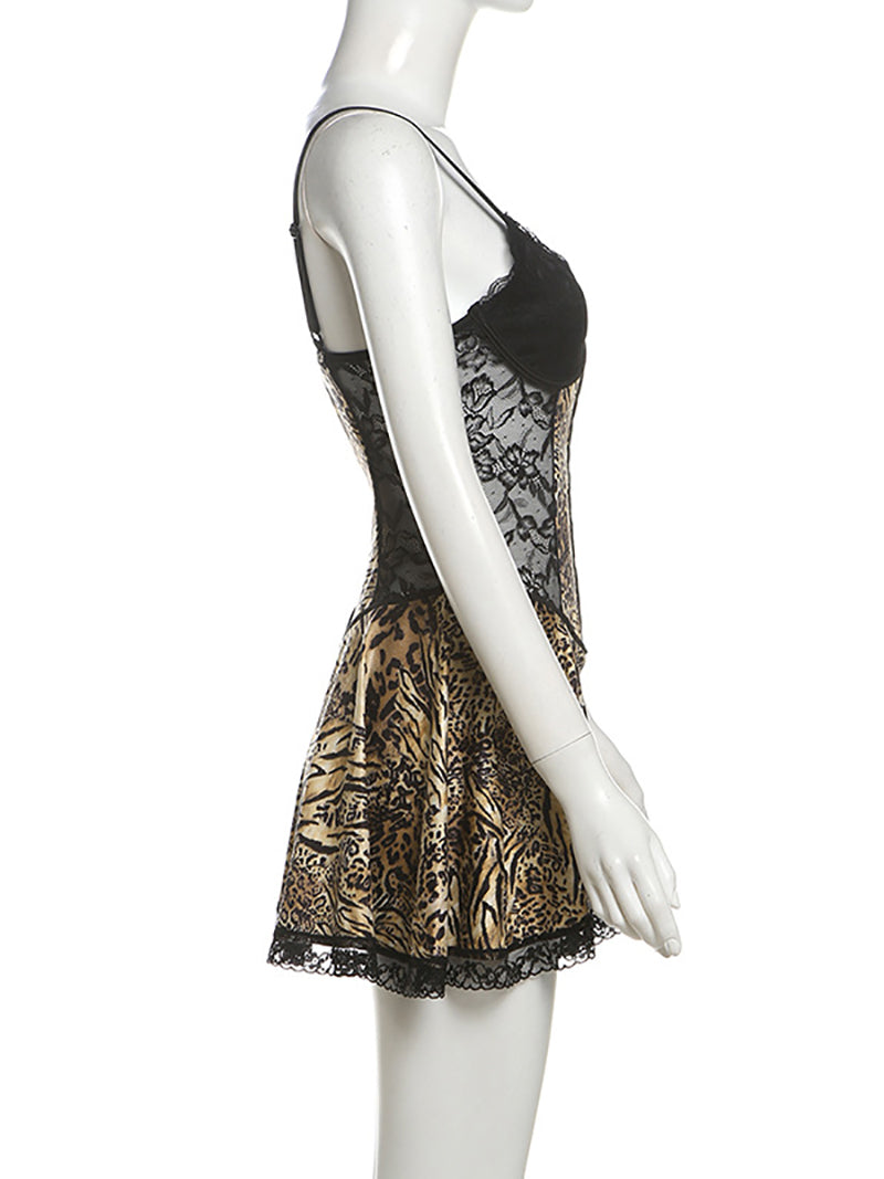 Lace Patchwork Metal Button Leopard Print Mini Dress