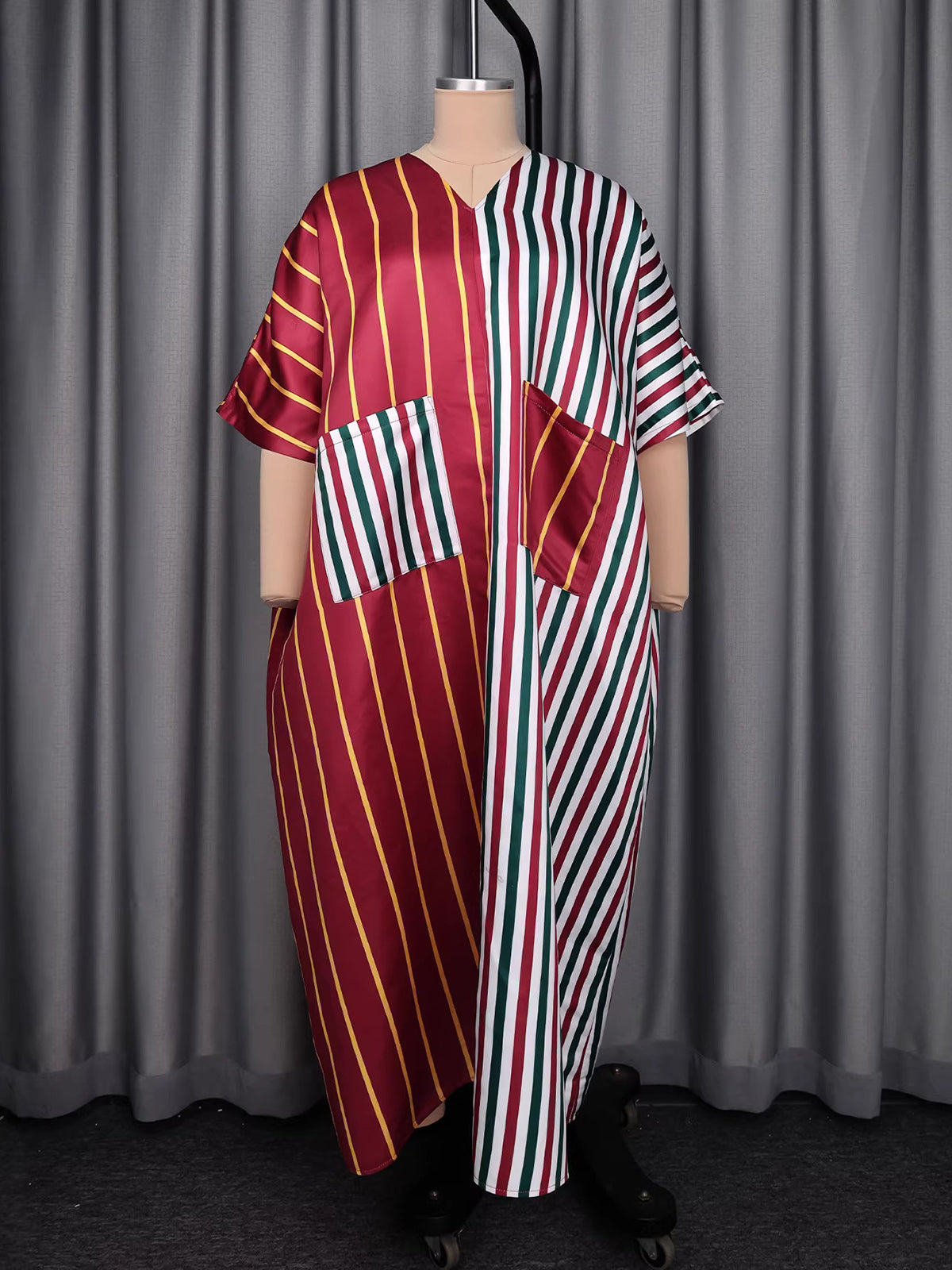 Elegant V Neck Short Sleeves Striped Loose Dress
