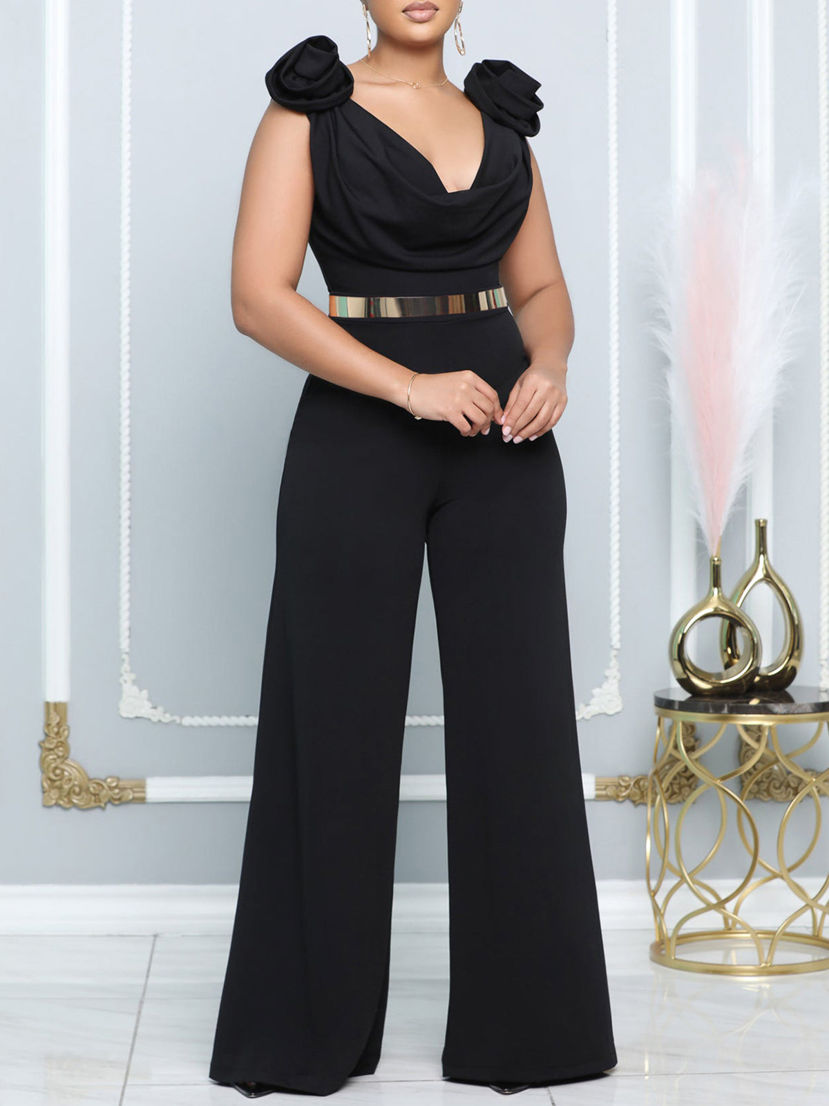 Fashion V Neck Slim Wide Leg Jumpsuit