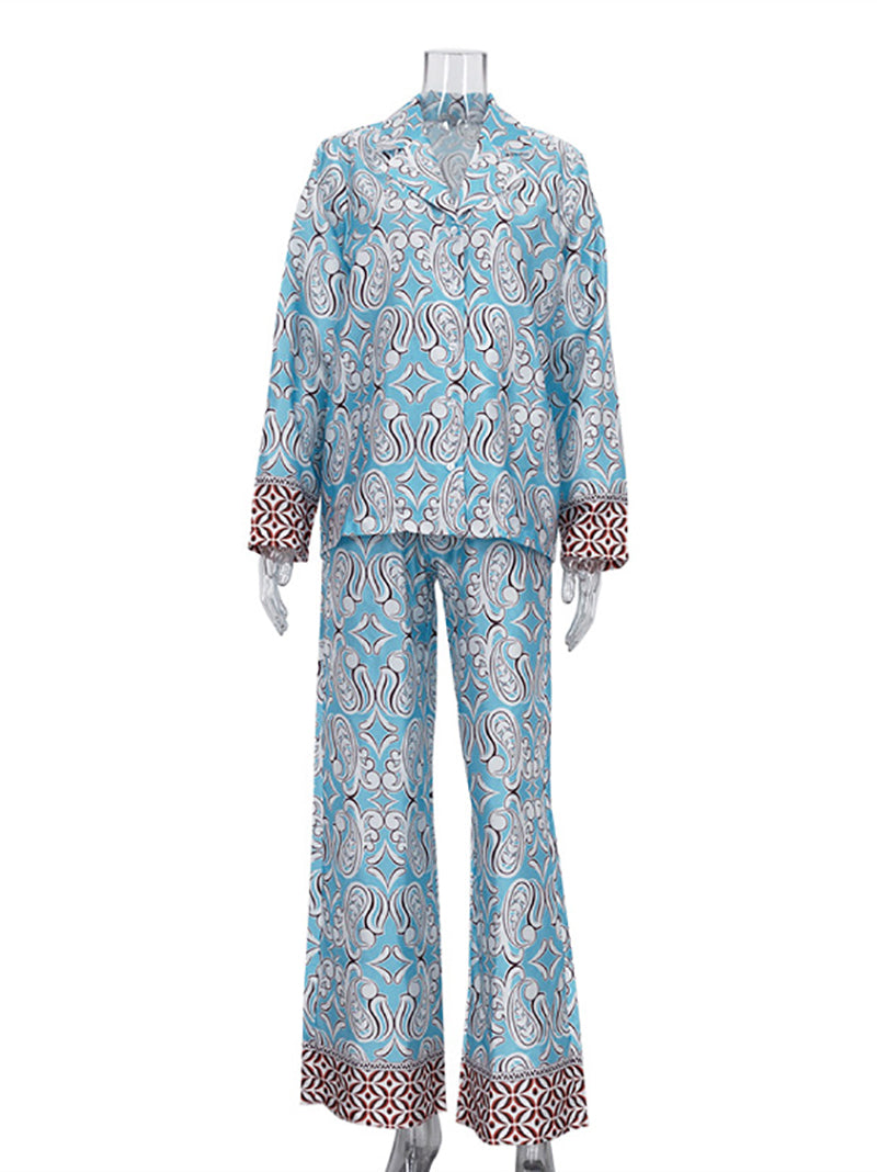 Print Loose Shirt Casual Wide Leg Pants Two Piece Set