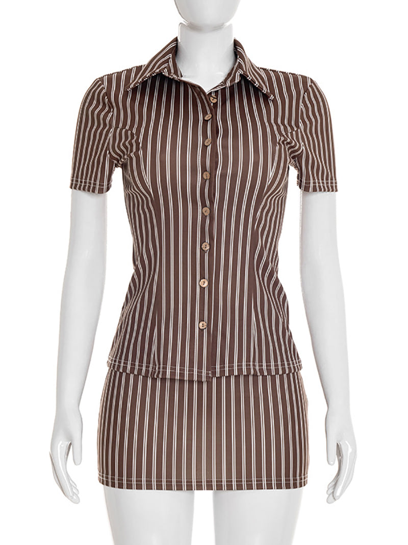 Stripe Lapel Shirt And Skirts Casual Two Piece Set
