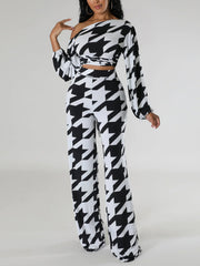 Print Sloping Shoulder Top Trousers Suit