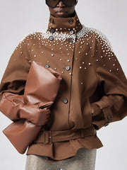 Beaded Stand Collar Relaxed Jacket-boutique