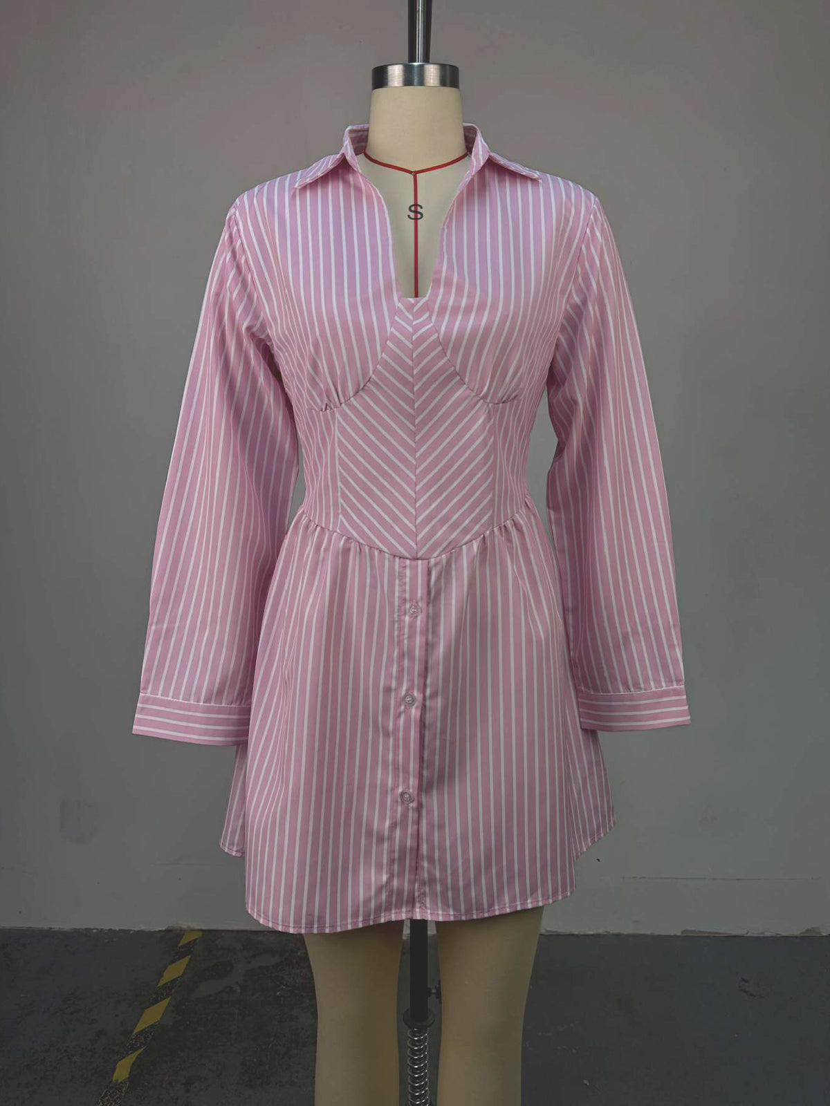 Fashion Pinstripe Shirt Cinched Waist Mini Dress