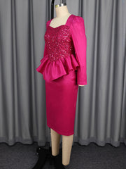 Elegant Square Collar Sequin Ruffles Party Midi Dress