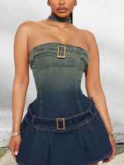 Denim Wash Halter Zipper Belt Gradient Sexy Trend Dress