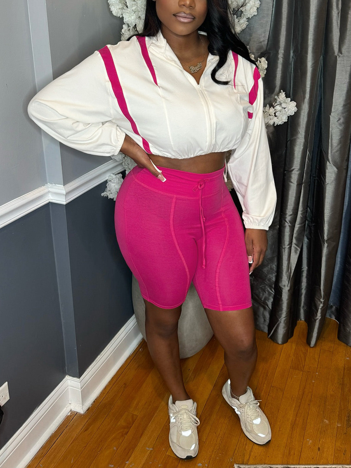 Contrast Color Drawstring Zipper Sweatshirt Shorts Sets