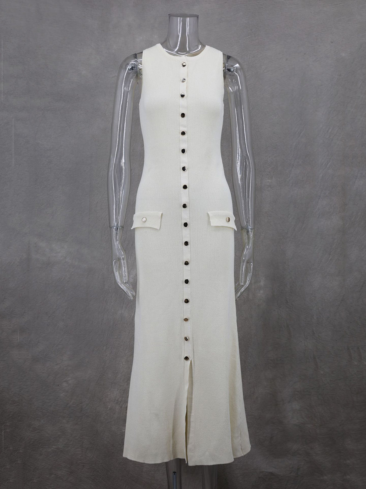 Fashion Ribbed Buttoned Sleeveless Midi Dress