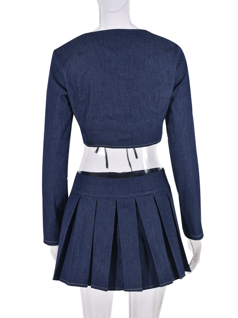 Sexy Denim Bandage Tops Pleated Skirt Set