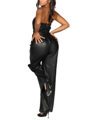 Sexy Strapless Slim PU Leather Cargo Jumpsuit