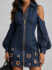 Off Shoulder Denim Mini Dress with Gold Ring Detail