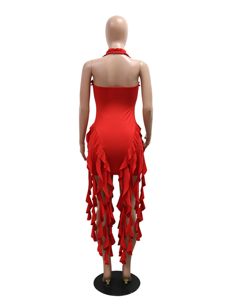 Sexy Solid Color Fringed Trim Backless Halter Dress
