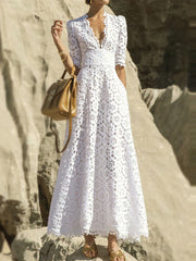 Elegant V Neck Hollow Out Lace Party Maxi Dress