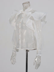 Sexy See Through Mesh Ruffle Long Sleeve Shirt