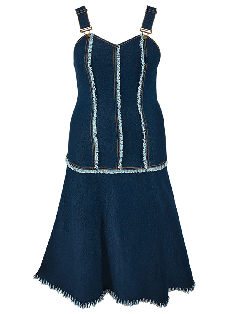 Plus Size Frayed Trim Strap Denim Midi Dress