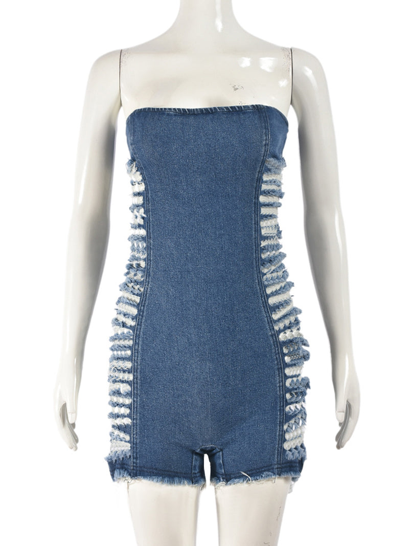 Denim Cutouts Fuzzy Trim Strapless Rompers