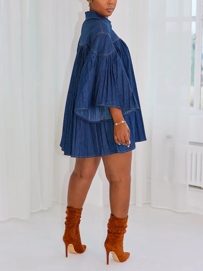Casual Loose Turn down Collar Ruffle Denim Dress