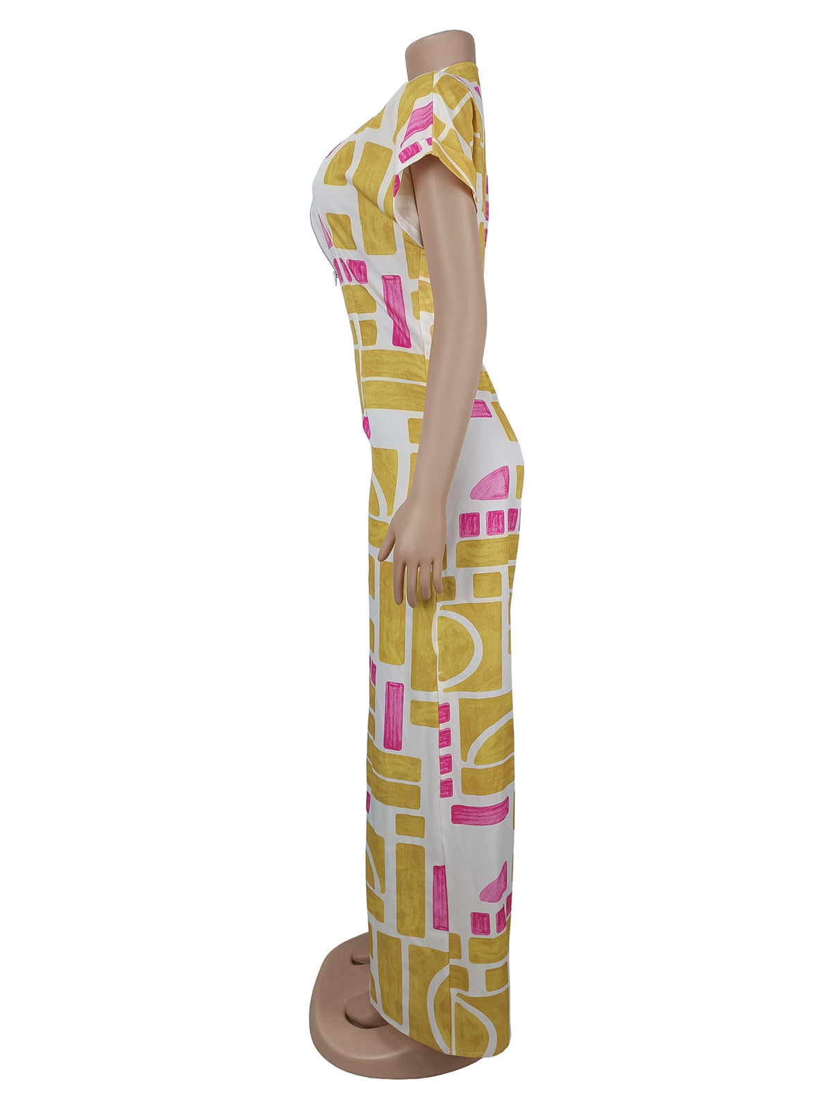 Casual Print Zipper O Neck Slim Jumpsuit